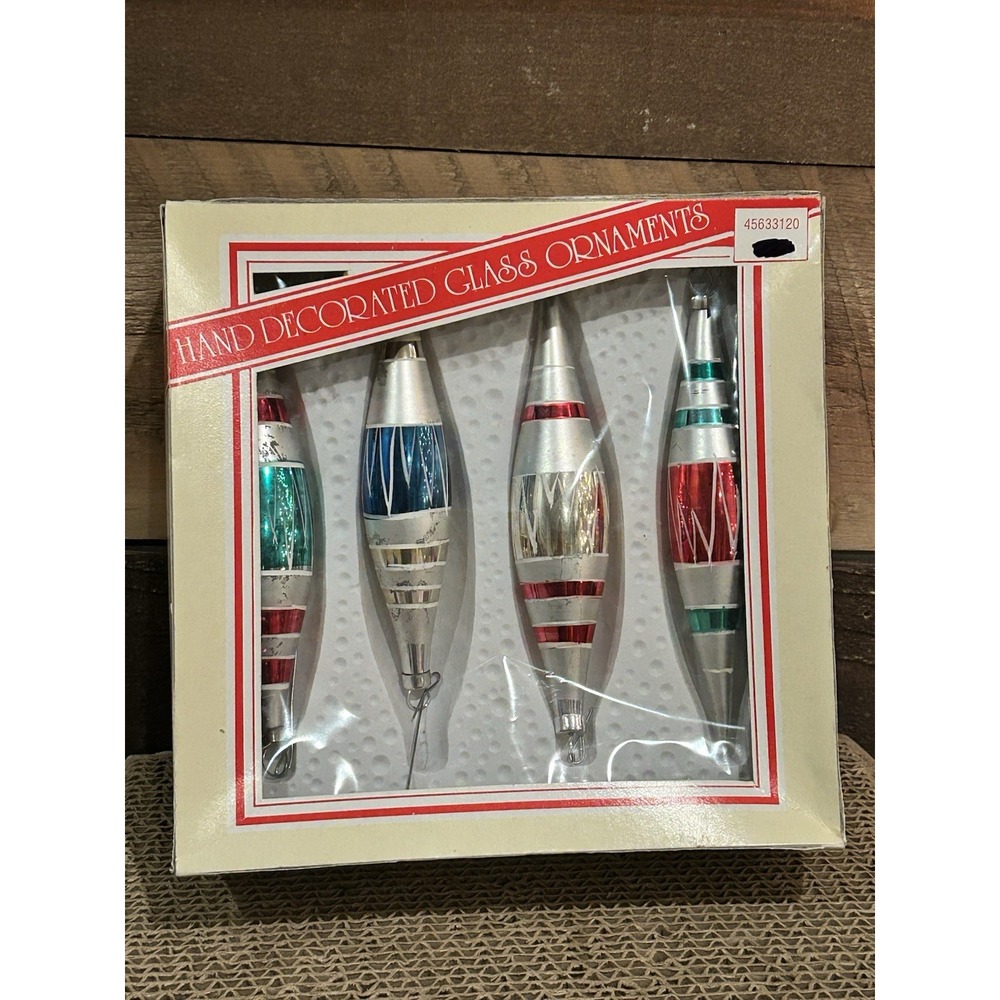 Christmas‎ by Krebs 4 Ornaments Silver Multi Color Torpedo VINTAGE USA